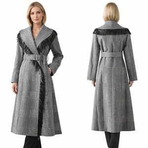 Houndstooth Microfiber Fringe Long Jacket